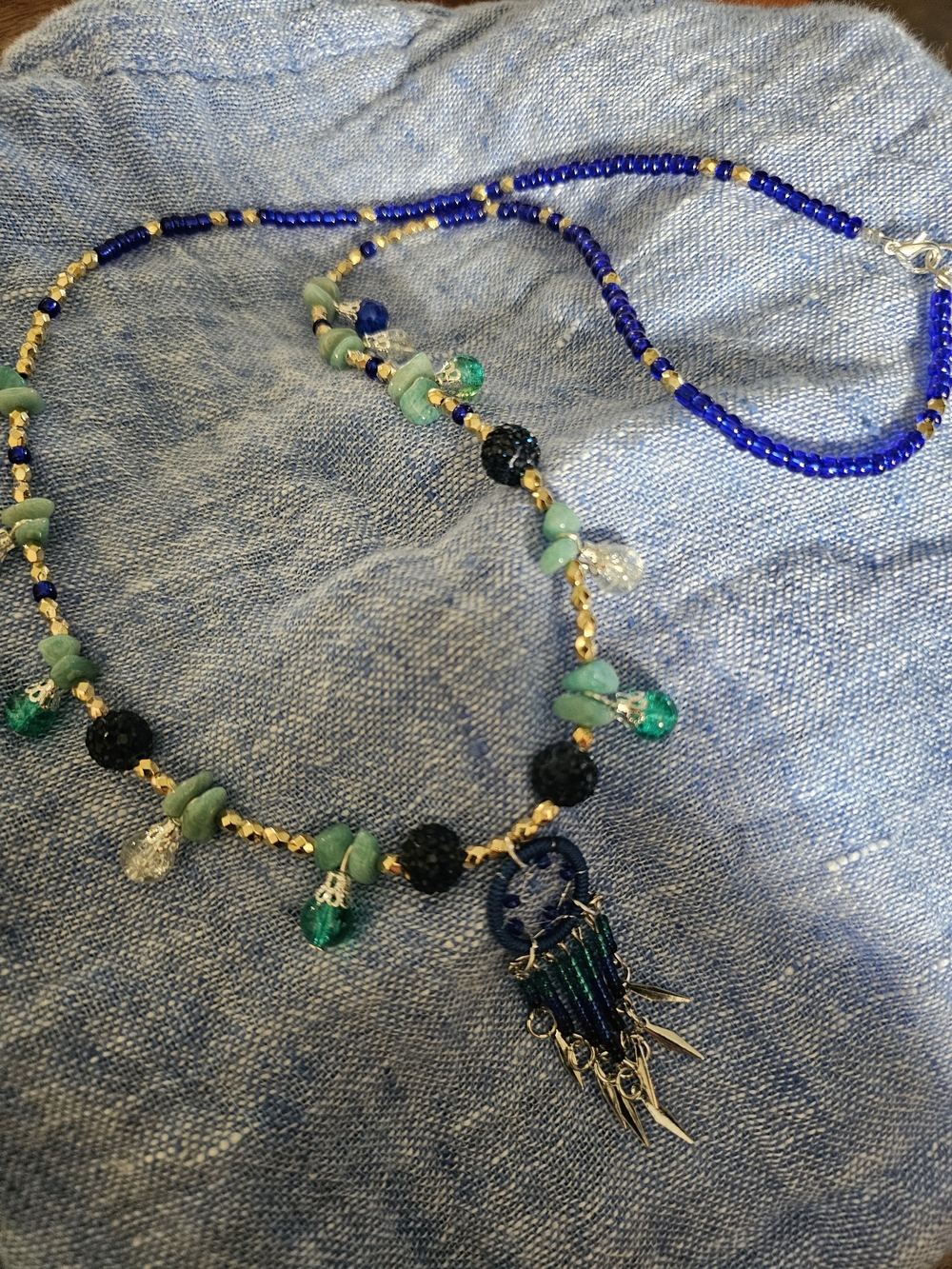 Handmade Dreamcatcher Blue & Green Beaded Pendant Necklace with Gold Accents